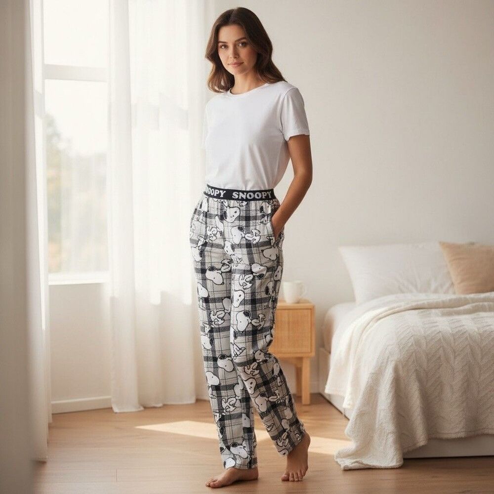 Peanuts Snoopy Pajama Pants Womens Plus 2XL Gray Plaid Lounge Sleep With Pockets